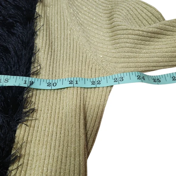 Y2K Lauren Michelle Metallic Gold Cardigan Silky Black Faux Fur Women's XL Glam - Picture 7 of 8